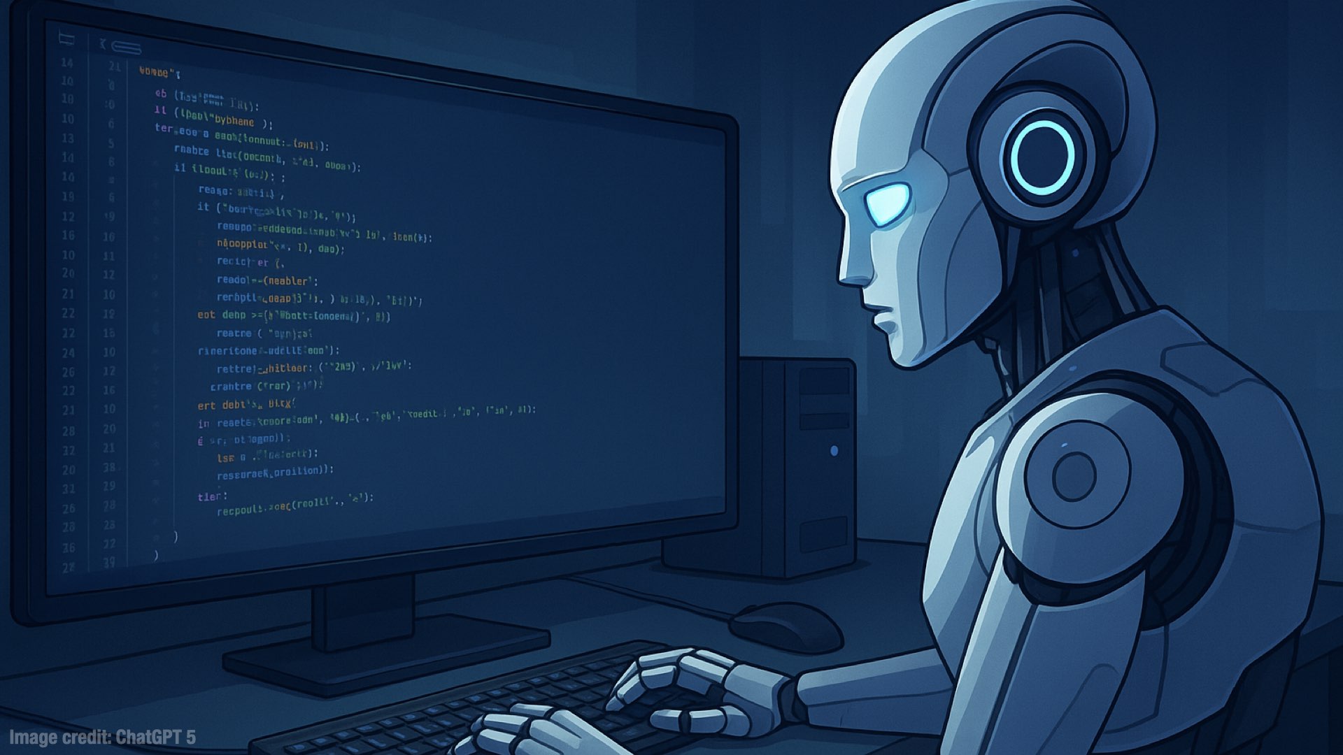 An image of a robot programming a computer.