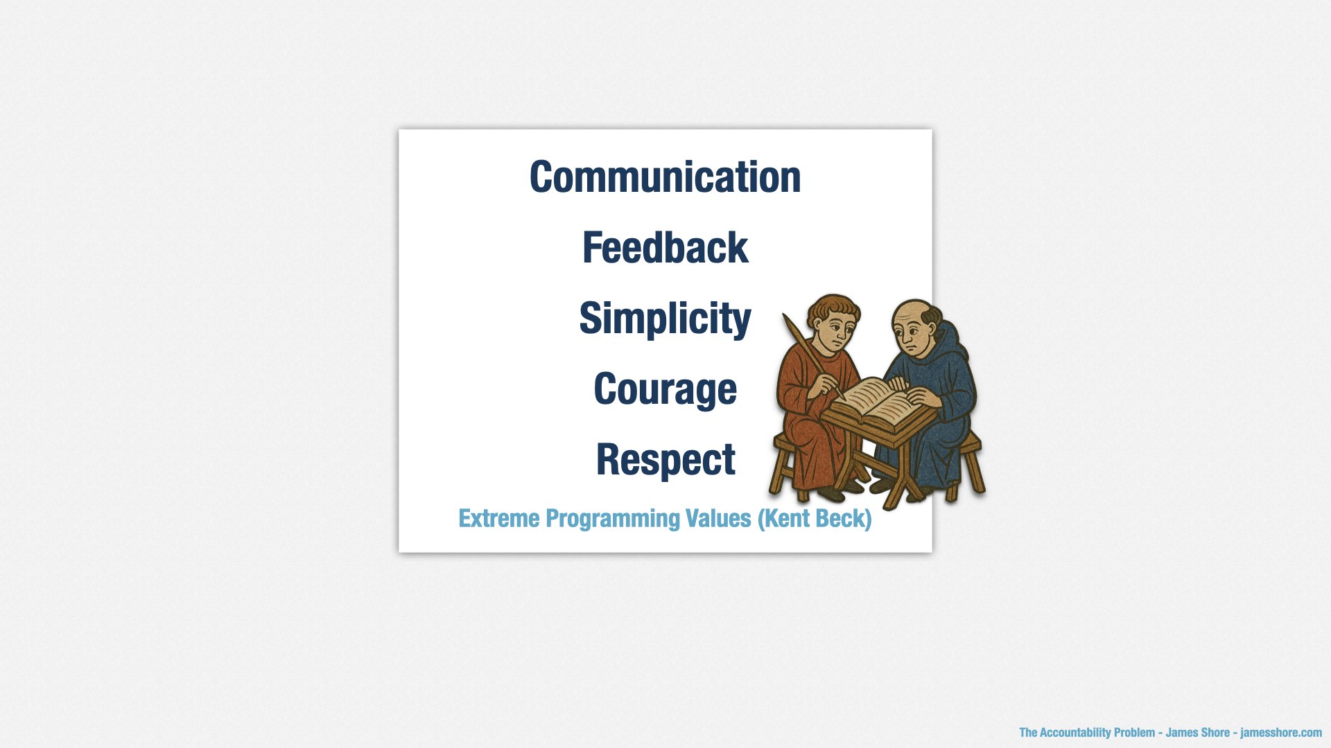 A slide showing Kent Beck’s Extreme Programming Values: Communication, Feedback, Simplicity, Courage, and Respect.