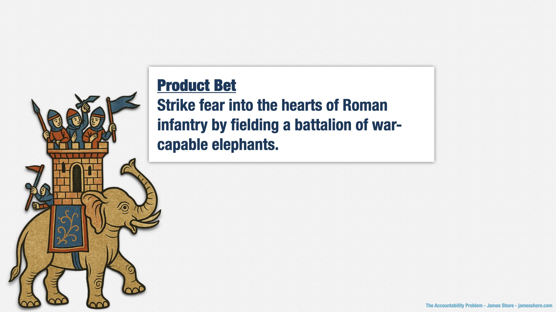 A slide labelled “product bet.” It reads, “Strike fear into the hearts of Roman infantry by fielding a battalion of war-capable elephants.”