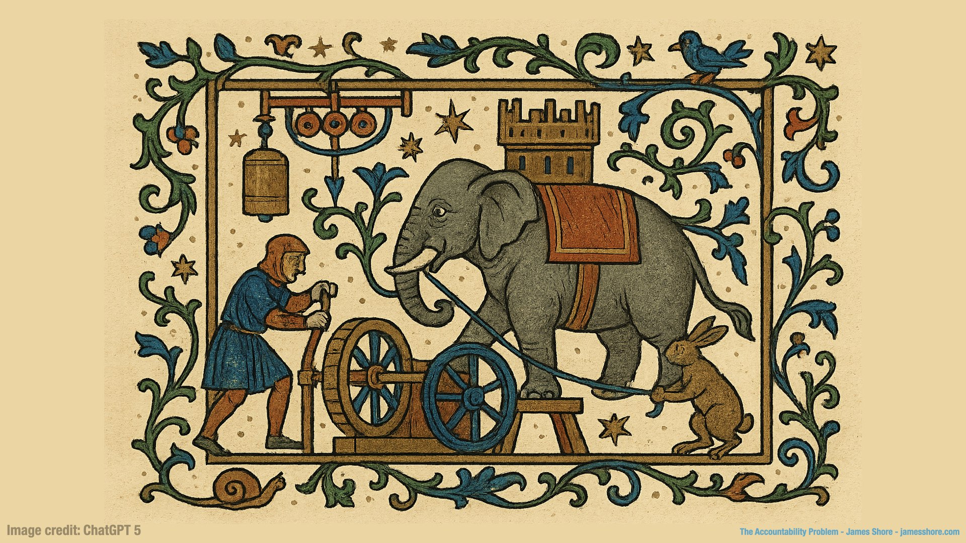 An elaborate image, in a medieval style, of an elephant, rabbit, and man working a complicated machine.
