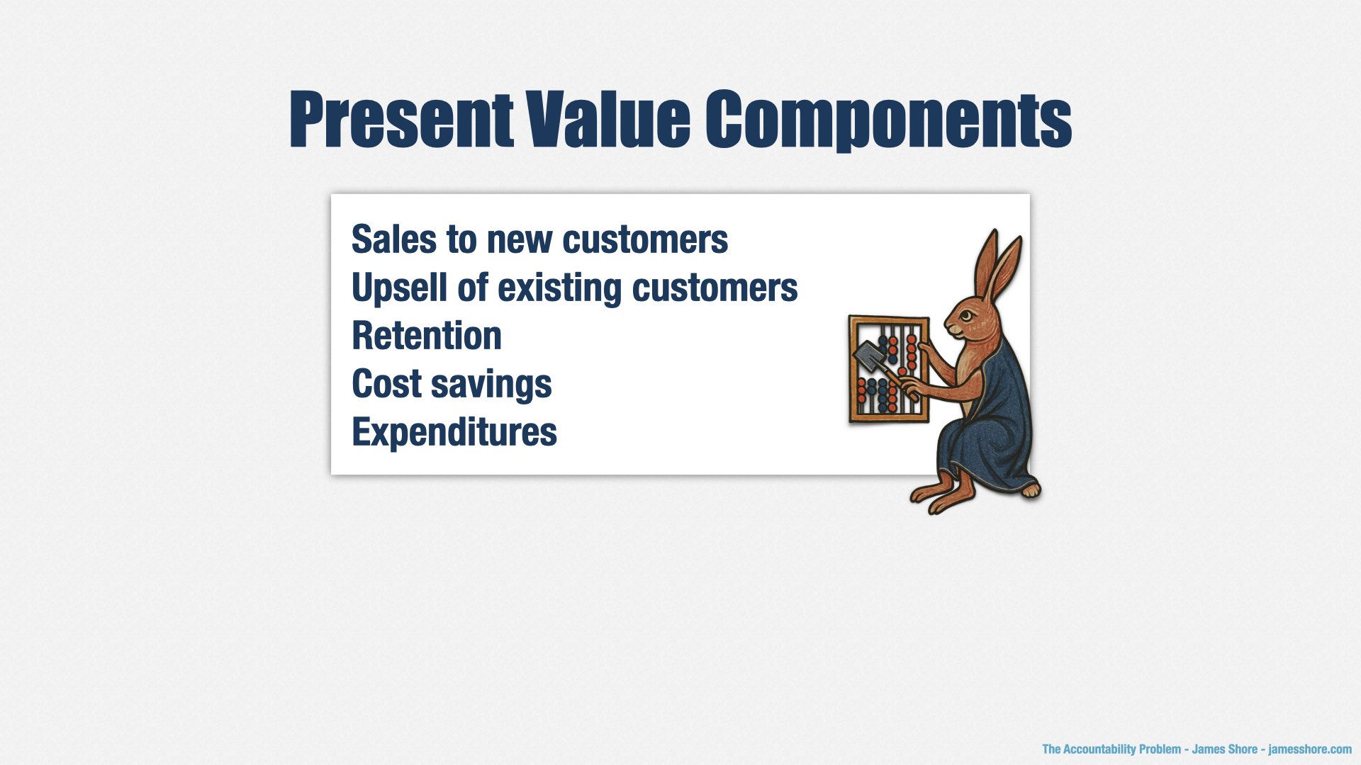 A slide labelled “Present Value Components.” The components are “Sales to new customers,” “Upsell of existing customers,” “Retention,” “Cost savings,” and “Expenditures.”