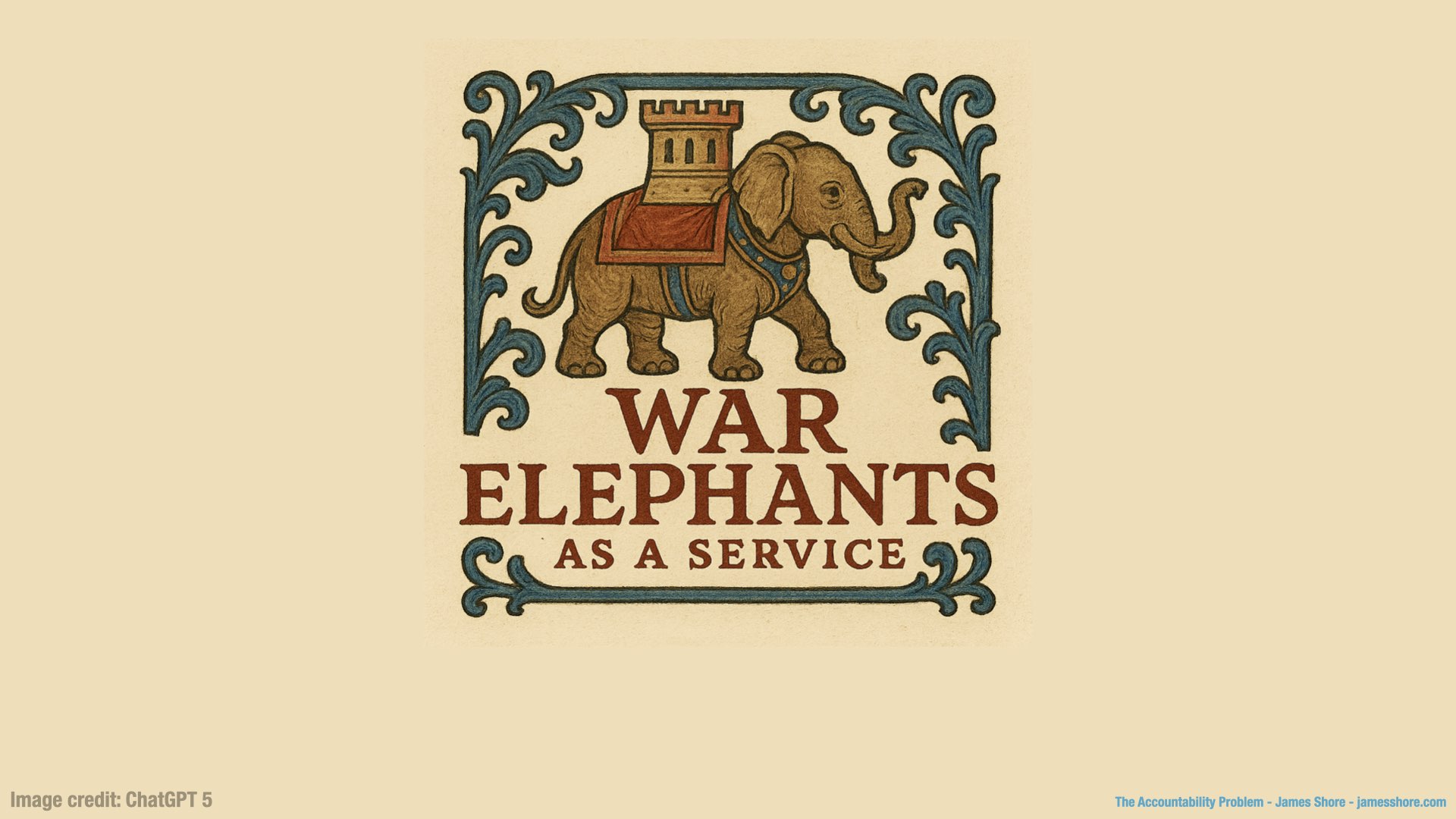 A logo drawn in a pseudo-medieval style. It reads, “War Elephants as a Service.” It shows an elephant with a castle turret on its back. The elephant has two trunks.