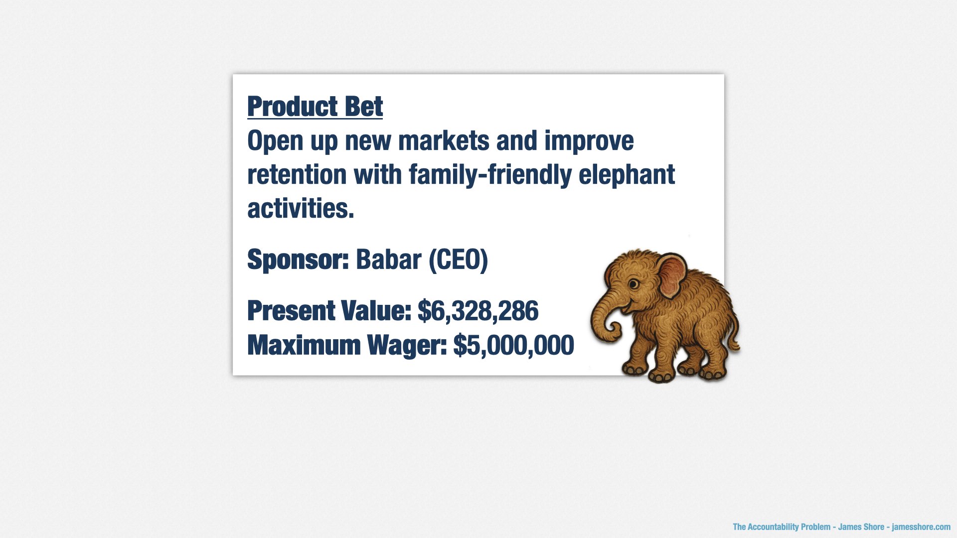 The product bet slide again (the one with the cute baby elephant). The present value and wager numbers have been added to the headline and sponsor from before.