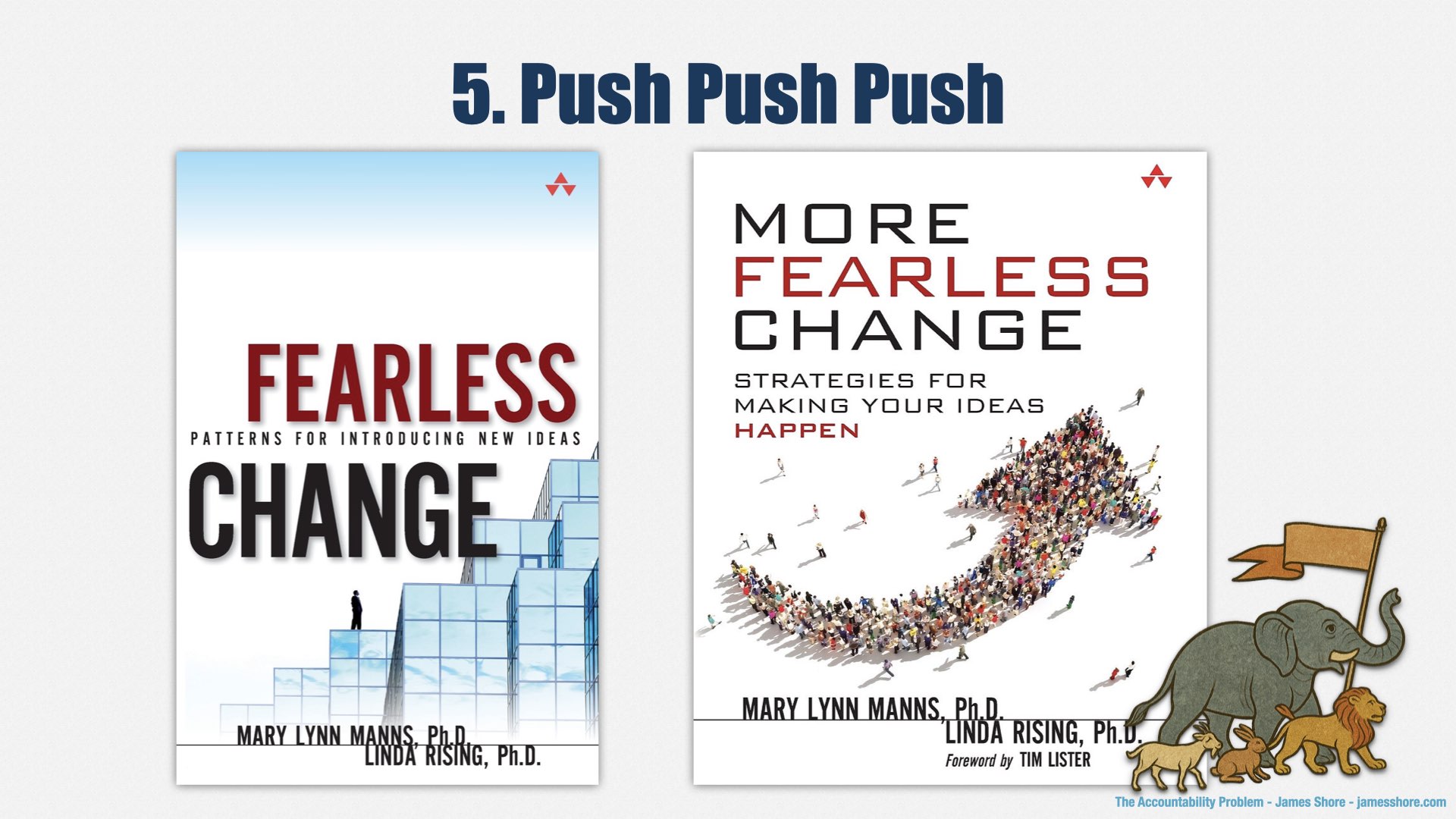 A slide labelled “Push Push Push.” It has images of two books: “Fearless Change: Patterns for Introducing New Ideas,” and “More Fearless Change: Strategies for Making Your Ideas Happen.” Both are by Mary-Lynn Manns, Ph.D., and Linda Rising, Ph.D.