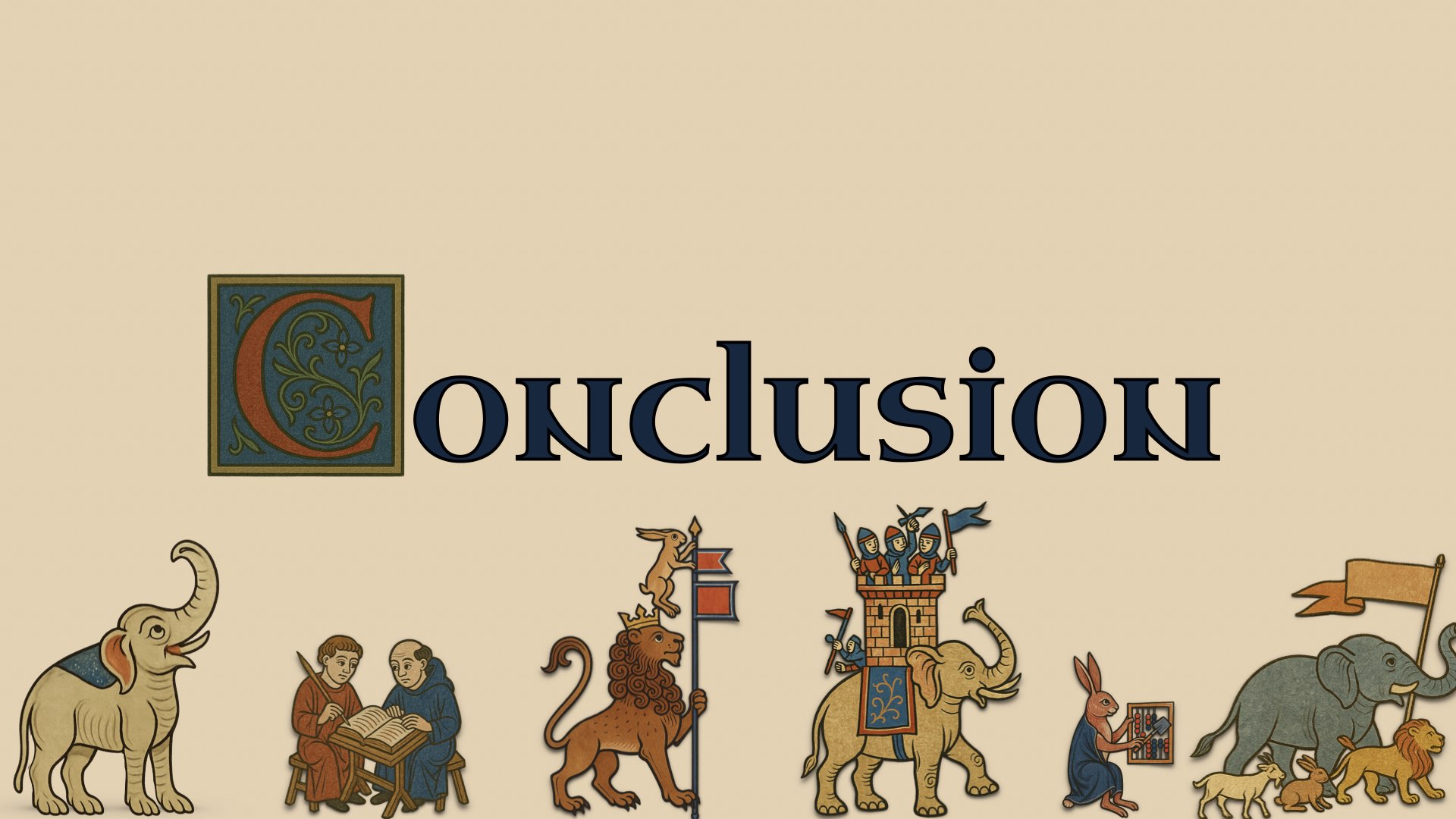 A title slide reading “Conclusion.” It’s presented in the style of an illuminated medieval manuscript.