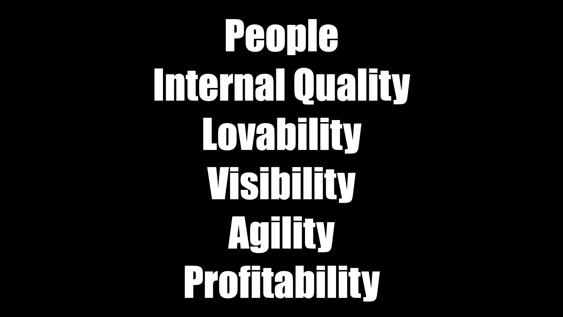 幻灯片：黑色背景上以粗体白字写着六大类：“People, Internal Quality, Lovability, Visibility, Agility, Profitability”。