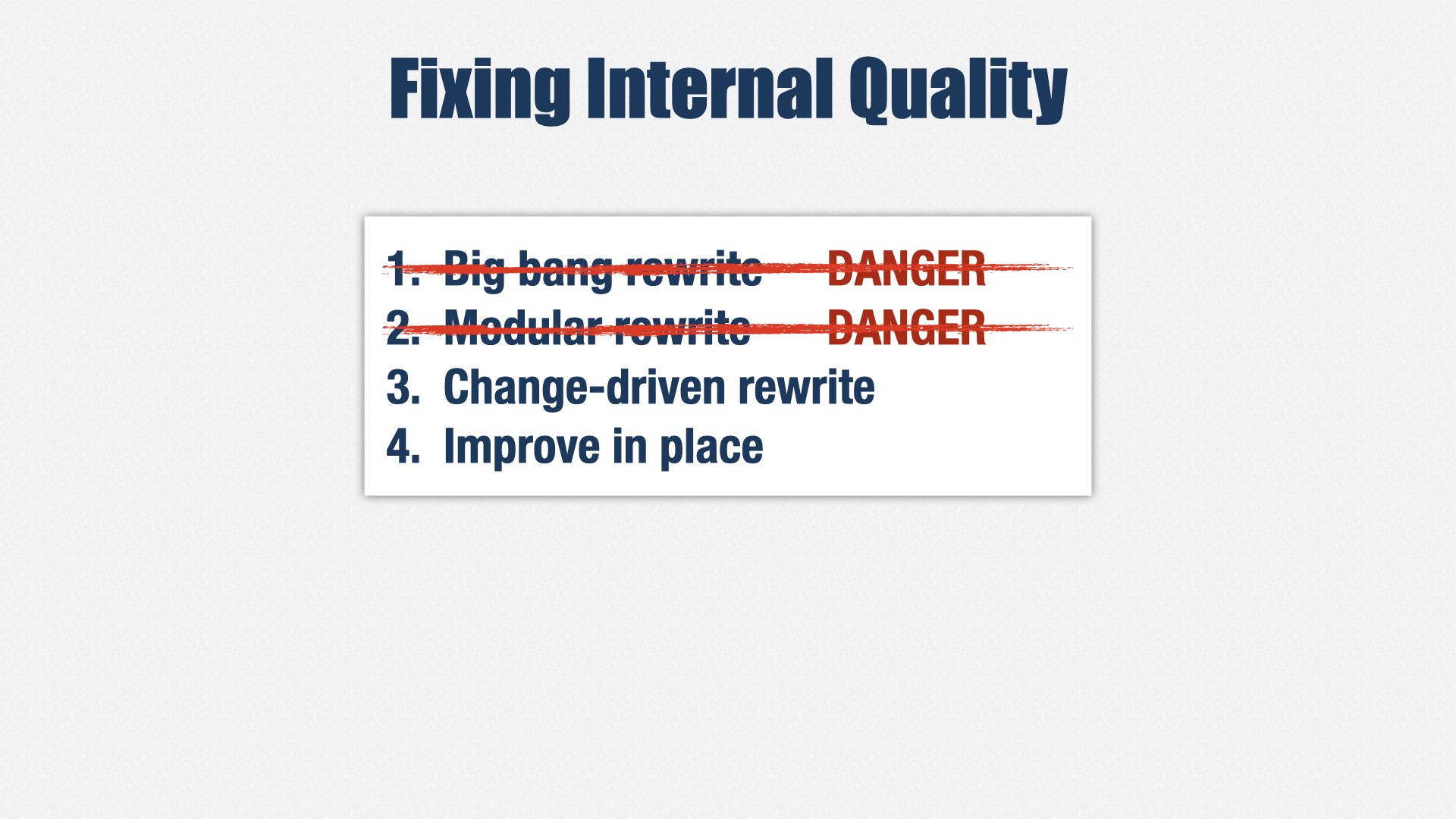 再次出现“Fixing Internal Quality”幻灯片，“Modular rewrite”也被划掉。