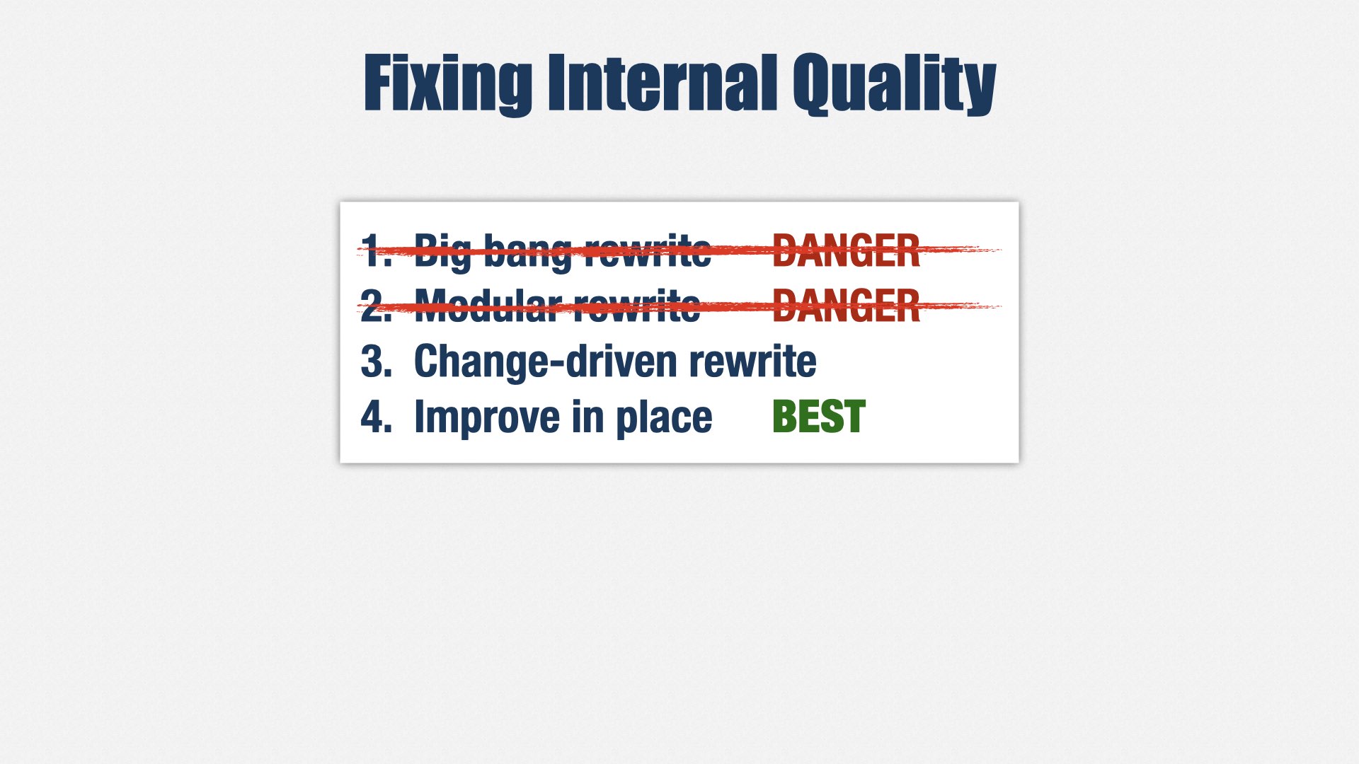 再次出现“Fixing Internal Quality”幻灯片，“Improve in place”标注为“BEST”。