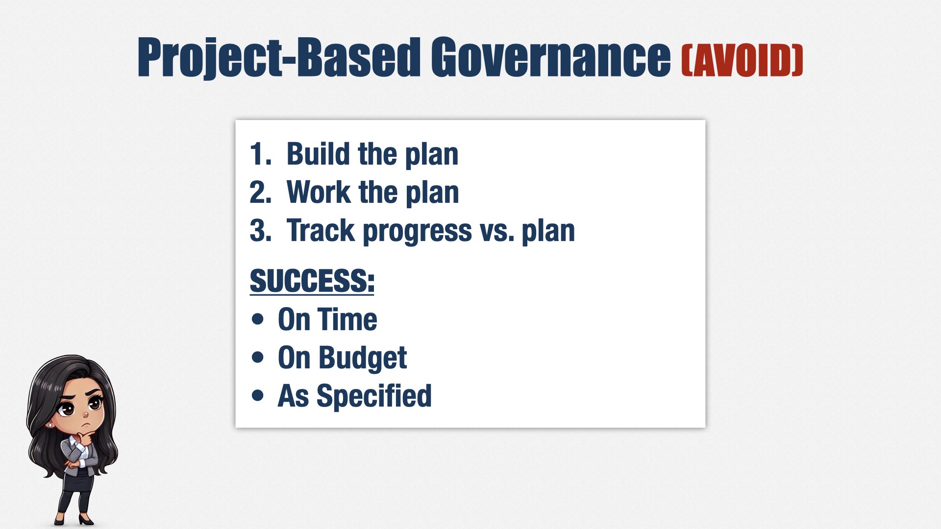 一张标题为“Project-Based Governance (Avoid)”的幻灯片，列出三步：“Build the plan”、“Work the plan”、“Track progress vs. plan”，成功的定义是“On Time、On Budget、As Specified”。