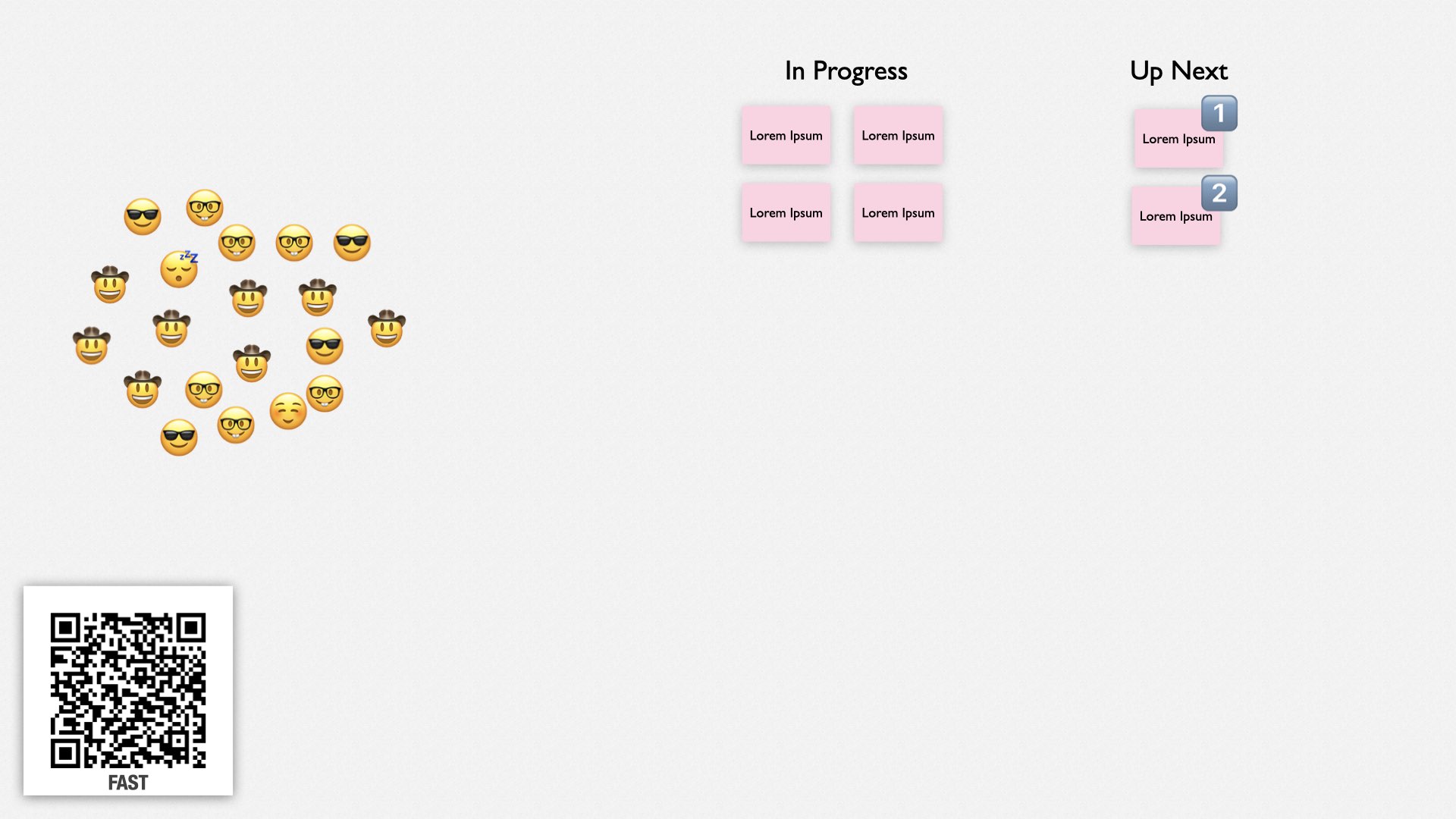 一张示意图：左边一群人；右上角有一些贴纸，上面写了“In Progress”和“Up Next”，其中分别有几张便利贴。