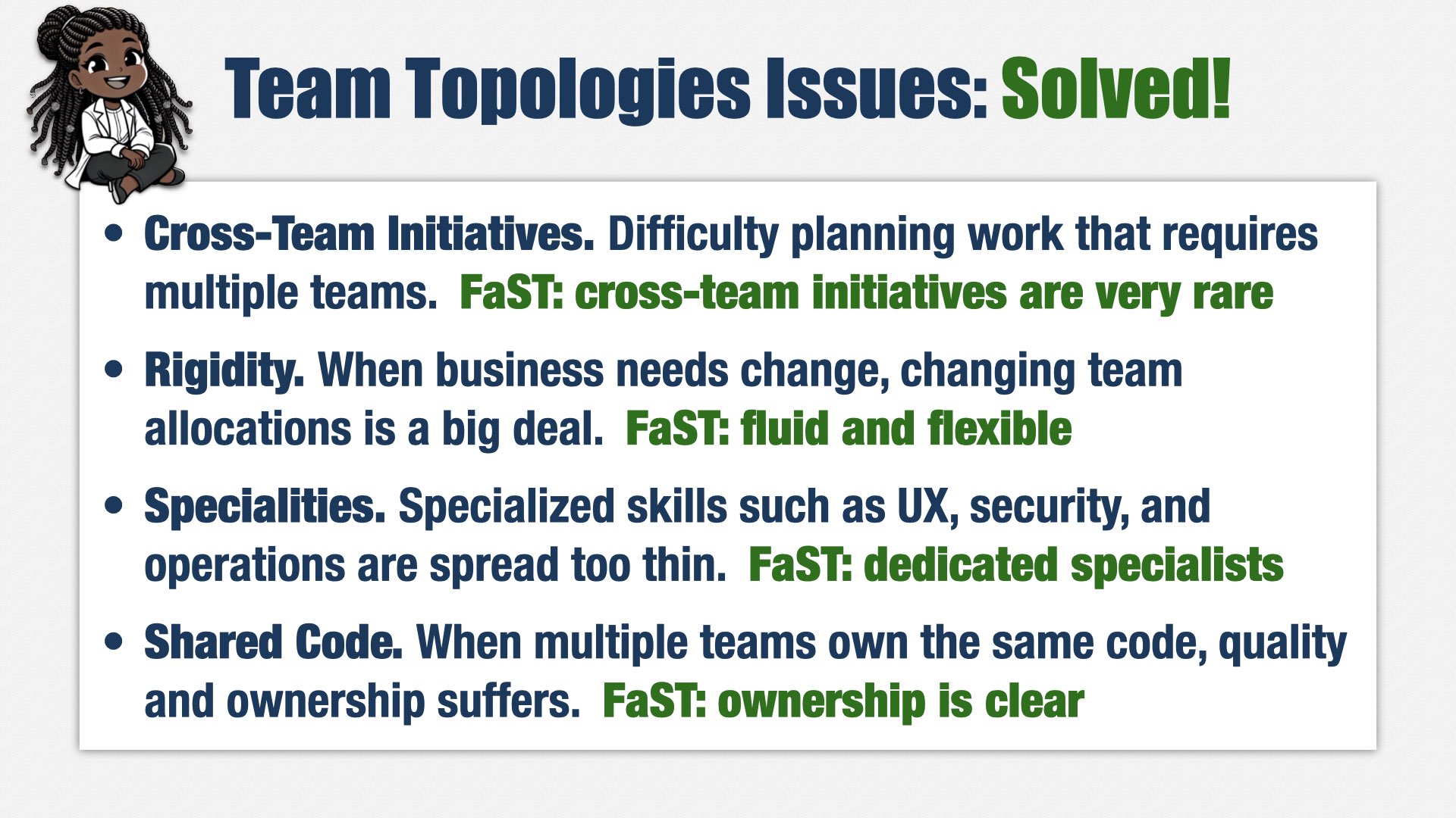 一张标题为“Team Topologies Issues: Solved!”的幻灯片。